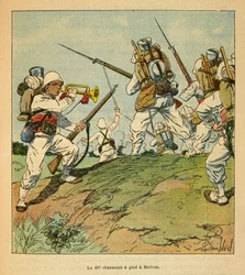 La Guerre à Madagascar - Histoire anecdotique des expéditions françaises de 1885-1895 par Henri Galli dit Gallichet (1854-1922), illustrée par Louis Bombled (1862-1927) : Les 40ème chasseurs à pied pendant les combats à Beritza en 1895, Collection privée