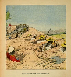La Guerre à Madagascar - Histoire anecdotique des expéditions françaises de 1885-1895 par Henri Galli dit Gallichet (1854-1922), illustrée par Louis Bombled (1862-1927) : Troupes Hovas retranchées sur la route de Tannarive en 1895, Collection privée