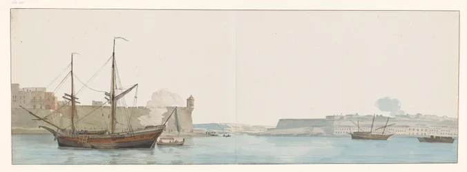 Vue sous le château St. Ange dans le port des galères à Malte (Voyage en Italie, en Sicile et à Malte - 1778)