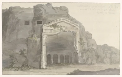 Tombes avec façade de style dorique taillée dans la roche aux environs de Syracuse Voyage en Italie, en Sicile et à Malte - 1778 (titre de la série)