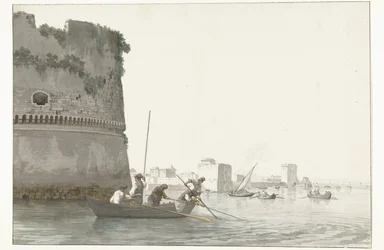 Pêcheurs de moules sur le Mare Piccolo près des fortifications de Tarente