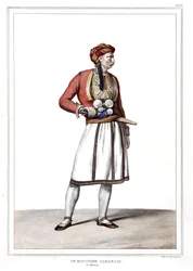 Un boucher albanais à Athènes. dans « Voyage à Athènes et Constantinople, ou collection de portraits, vues et costumes grecs et ottomans, peints sur les lieux de nature, lithographiés et coloriés par Louis Dupré (1789-1837), élève de David.1825.