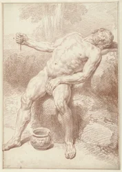 Nu masculin assis, penché en arrière