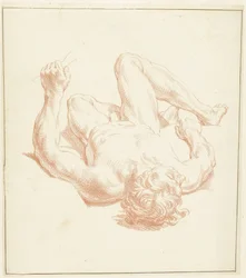 Étude de nu masculin, allongé sur le dos, en raccourci