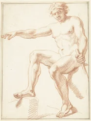 Étude de nu masculin, assis avec bras tendu
