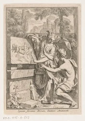 Femme avec tête ailée montrant un bas-relief à un jeune homme