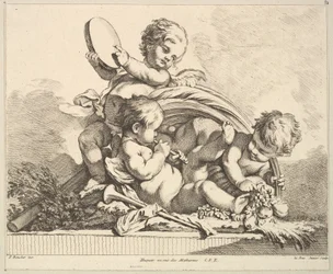 Trois cupidons, deux jouant de la musique, un tenant des feuilles de palmier