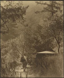[Homme marchant vers un cottage dans les bois]