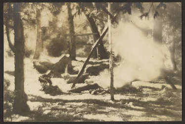 [Amérindien et structure de tipi dans les bois].