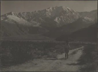 [Femme marchant sur un chemin vers les montagnes]