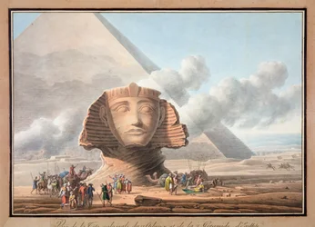Vue de la tête du Sphinx et de la pyramide de Khéphren, Gizeh, Égypte, vers 1790