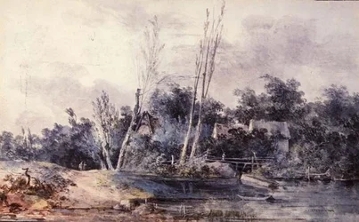 Cottages et saules près d