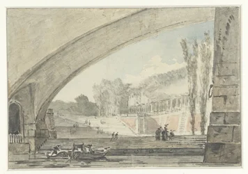 Vue sous un pont vers des terrasses et un escalier