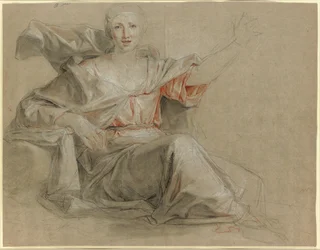 Femme assise, le bras gauche levé