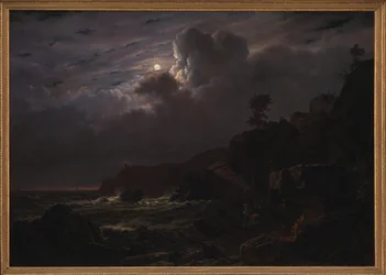 Vue de Kullen en Suède. Contrebandiers cachant leurs marchandises parmi les rochers. Clair de lune