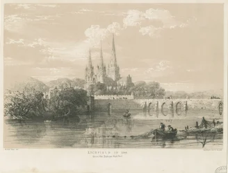 Cathédrale de Lichfield - Vue Sud-Ouest: lithographie teintée, 1548