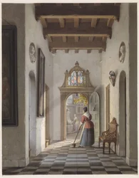 Servante balayant le couloir d