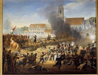 Passage du pont de Landshut le 21/04/1809, le général Mouton dirige les grenadiers du 17e régiment de ligne