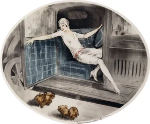 Femme dans une voiture avec deux pékinois