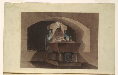 Dessin, Sépulcre de style égyptien avec cariatides et lion, vers 1779-84
