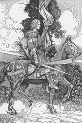 Sir Tristam chevauchant vers le château de Tintagel Illustration par Louis Rhead (1858-1926) de « Le roi Arthur et ses chevaliers » 1923 Collection privée