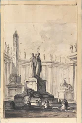Fantaisie architecturale avec fontaine et obélisque
