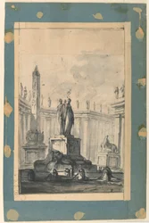 Dessin, fantaisie architecturale avec fontaine et obélisque, vers 1745