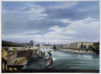 Pont du Carrousel et bateau à vapeur - dans « Paris en 1837 » par Arnout