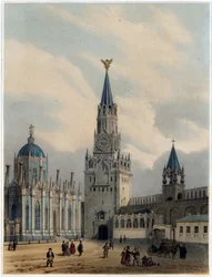 Vue de la Tour du Saint-Sauveur (ou la Tour Spasskaia) et sur la place rouge, Kremlin, Moscou (Lithographie de Louis Jules Arnout)
