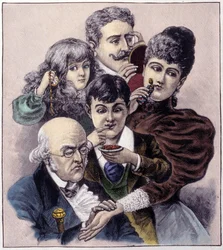 Représentation des cinq sens (toucher, ouïe, odorat, goût et vue) par Louis Léopold Bailly. Gravure de 1894.