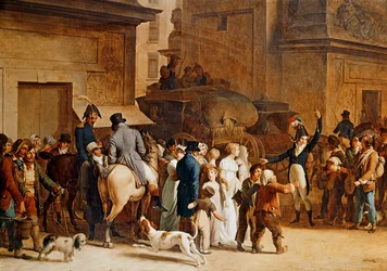 Départ des recrues à la Porte Saint Denis à Paris pour les guerres napoléoniennes (peinture sur toile)