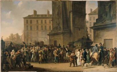 Les conscrits de 1807 défilant devant la porte Saint-Denis