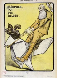 Portrait caricatural de Léopold, roi des Belges sur un cheval en papier - par Louis Malteste, dans «La Vie en Rose» du 09/03/1902