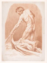 Homme nu ramant, vu de dos