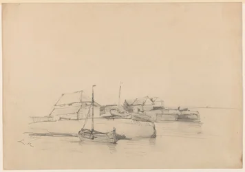 Maisons et deux bateaux près de la côte