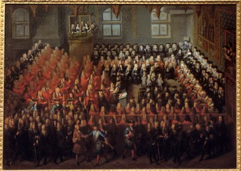 Lit de justice tenu par Louis XV (1710-1774) dans la Grande Chambre du Parlement de Paris pour casser le testament de Louis XIV (1638-1715)