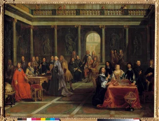 La reine Christine de Suède, entourée de sa cour, écoute le philosophe René Descartes faire une démonstration de géométrie ; en présence du prince de Condé, d