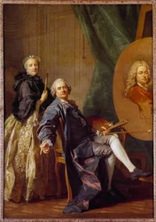 Louis Michel Van Loo (1707-1771), conseillé par sa sœur Marie Anne travaille sur le portrait de son père Jean Baptiste Van Loo (1684-1745) Peinture de Louis Michel Van Loo (1707-1771) 1763 Dim. 2,4x1,6 m