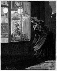 Devant ces basses fenêtres, seules éclairées dans les rues désertes, passe une petite ombre qui revient sans crainte... Femme regardant à travers la vitre d