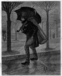 Mauvaise récolte ! Pauvre cigale mouillée ! ... Joueur de tambour en misère marchant sous la pluie dans les rues de Paris. Dans "Trente ans de Paris" recueil autobiographique d