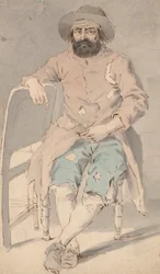 Homme en vêtements en lambeaux assis avec le bras droit sur une autre chaise