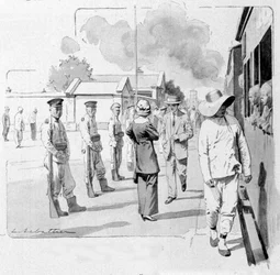 Un conducteur chinois à un arrêt du Transsibérien. 1913. Illustration de Sabattier.
