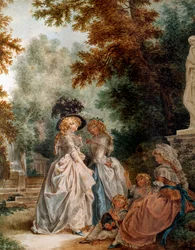 Promenade dans le parc Jeunes femmes élégantes pendant un moment de détente dans un jardin. Aquarelle par Louis Trinquesse (1746-1800) 18ème siècle. Paris, Musée Carnavalet