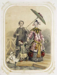 Famille en promenade en Chine - dans "Album du jeune voyageur", illustré par Louis Lassalle