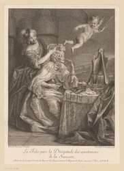 Dame de cour aidant une vieille dame à camoufler les signes de vieillesse