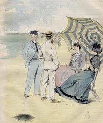 Bains de mer : sur la plage. de L. Vallet Aquarelle. 1892.