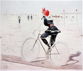 Femme à vélo sur la plage - dessin de L. Vallet