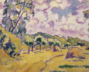 Paysage avec meules de foin
