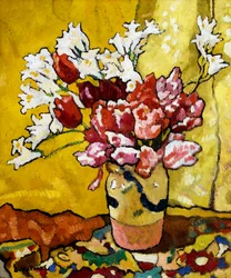 Vase, tulipes et fleurs blanches