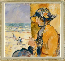 Femme et enfants sur la plage